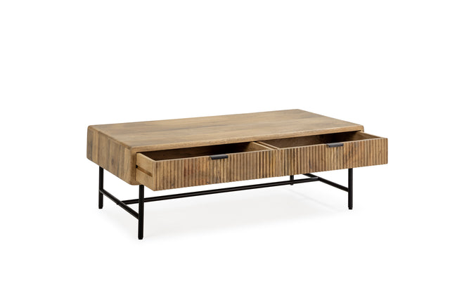 Mesa de centro Mundra 120 cm Madera de mango patas metálicas, detalle funcional