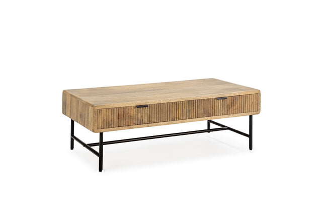 Mesa de centro Mundra 120 cm Madera de mango patas metálicas, vista lateral izquierda