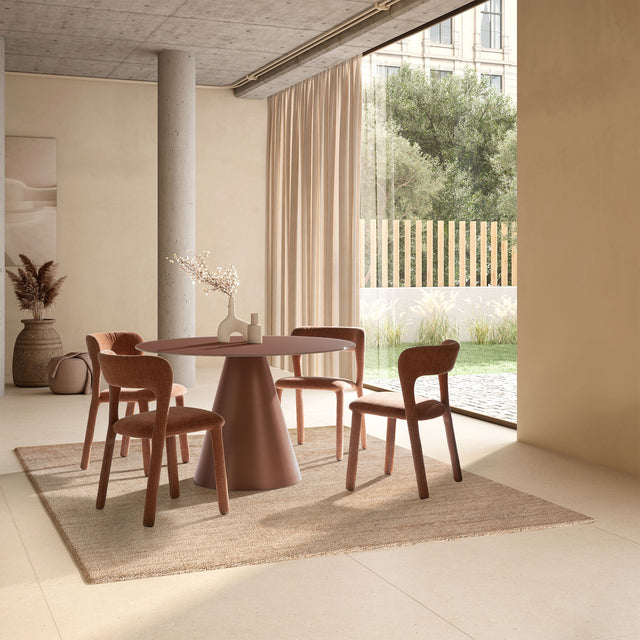 Mesa de comedor redonda Vida 120 cm Terracota pie terracota, en ambiente de comedor