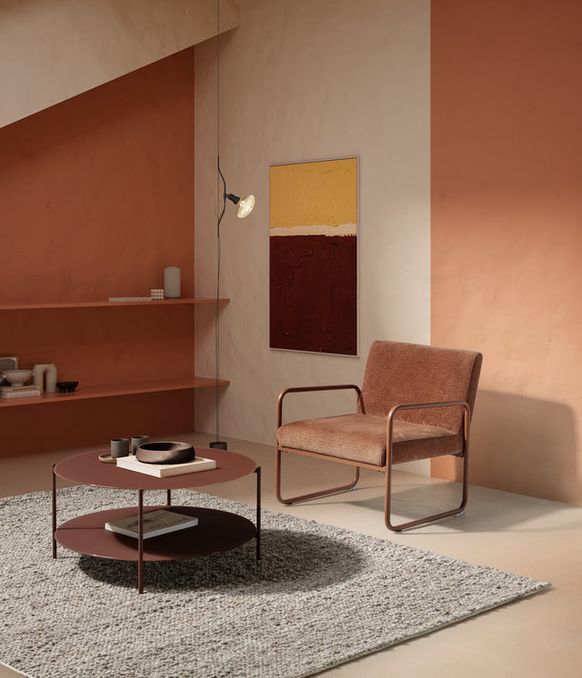 Mesa de centro redonda Davi 80 cm Terracota, en ambiente de salón
