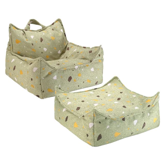 Silla Set Puf Infantil Silla + Cuadrado de Bouclé & Chenilla Terrazo Verde con acabado verde vista principal de estilo nórdico
