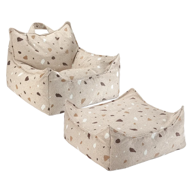 Silla Set Puf Infantil Silla + Cuadrado de Bouclé & Chenilla Terrazo Beige con acabado beige vista principal de estilo nórdico