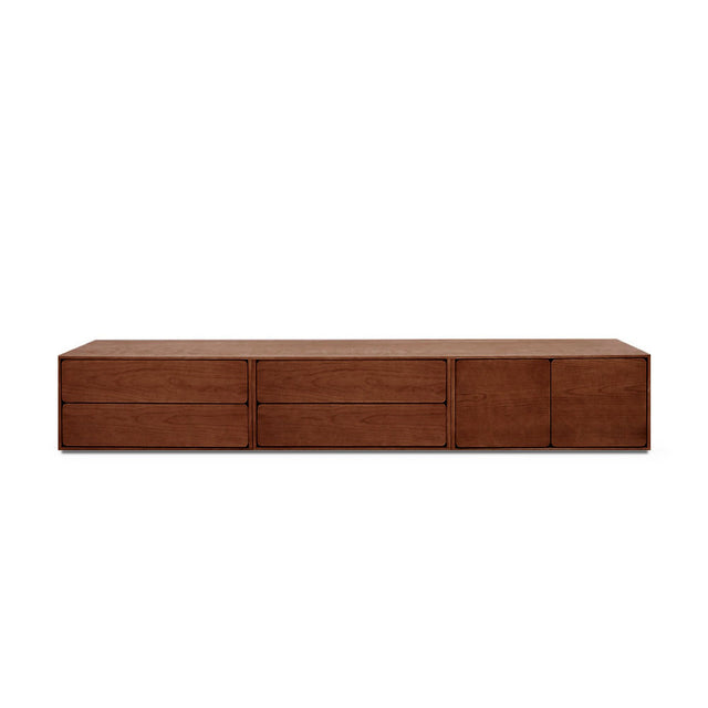 Vista frontal mueble TV Penxat 240 cm Nogal 4 cajones 2 puertas apoyado suelo niveladores Slowdeco
