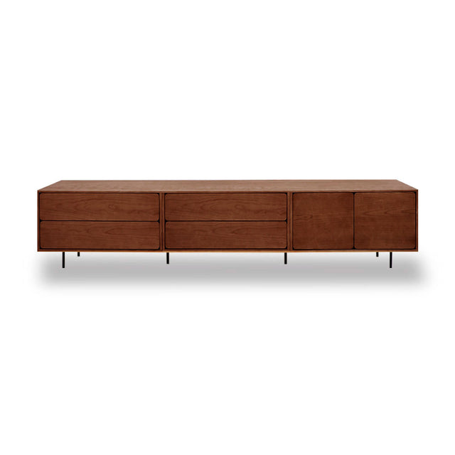 Vista frontal mueble TV Penxat 240 cm Nogal 4 cajones 2 puertas patas metálicas Slowdeco