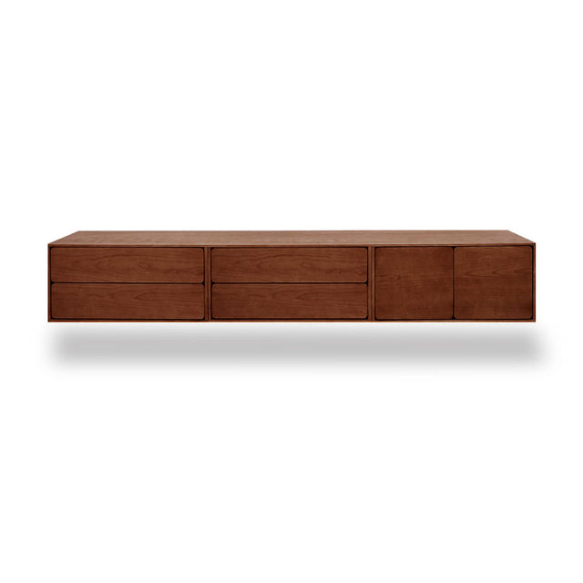 Vista frontal mueble TV Penxat 240 cm Penxat Nogal 4 cajones 2 puertas colgado pared Slowdeco