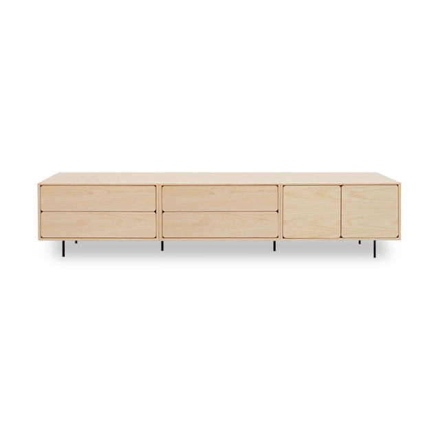 Vista frontal mueble de TV 240 cm Penxat Natural 4 cajones 2 puertas sobre patas metálicas Slowdeco