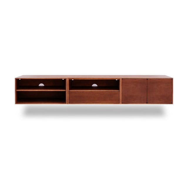 Vista frontal mueble de TV 240 cm Penxat Nogal Personalizado 2 Puertas 2 Baldas 1 cajón colgado pared Slowdeco
