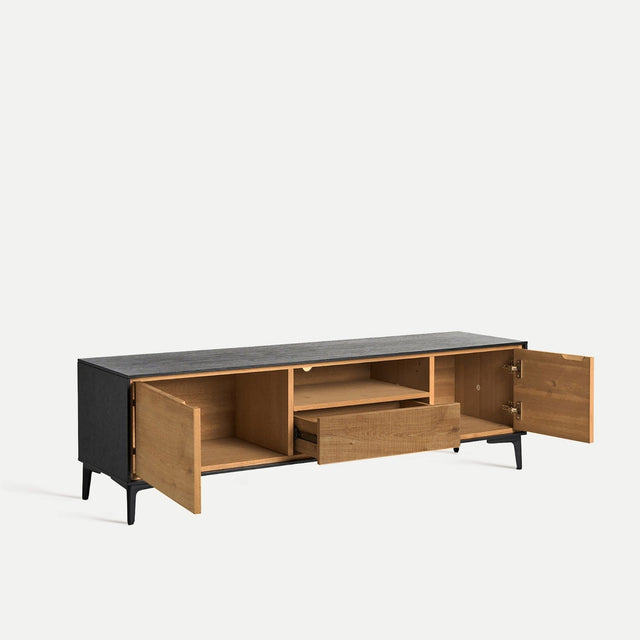 Vista lateral puertas y cajones abiertos Mueble TV Brussa 146 cm Marrón y patas metálicas negras Kodu Homedesign Slowdeco