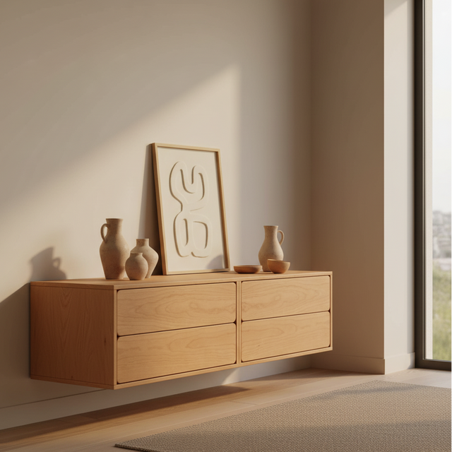 Mueble TV Flotante Penxat 160 4 cajones con roble natural detalle de estilo nórdico