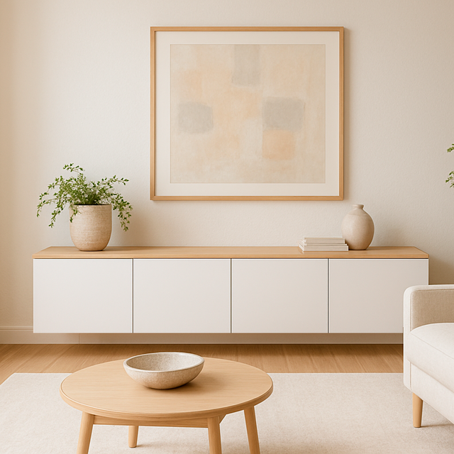 Mueble TV de diseño en madera natural en salón nórdico con luz natural