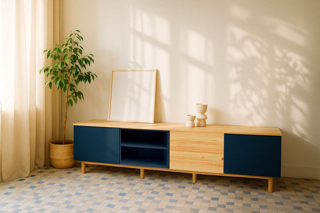 Mueble TV Nolla 200 Gris Antracita y Madera con madera natural, acabado gris en ambiente de estilo nórdico