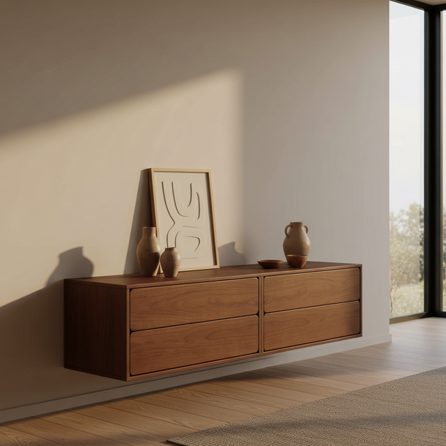 Mueble TV Flotante Penxat 160 4 cajones con nogal vista principal de estilo nórdico