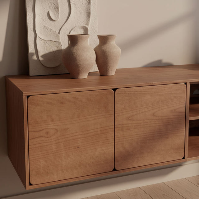 Mueble TV Flotante Penxat 160 Natural - 2 Puertas 1 Balda con nogal, madera natural en ambiente de estilo nórdico