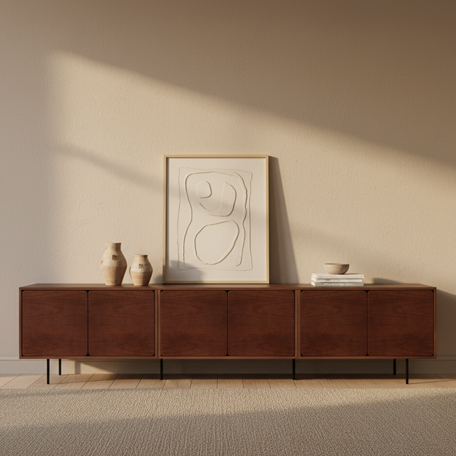 Mueble TV Penxat 240 Natural - 6 puertas con nogal en ambiente de estilo nórdico