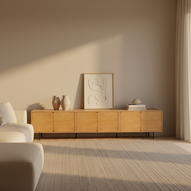 Mueble TV Penxat 240 Natural - 6 puertas con roble natural en ambiente para salón de estilo nórdico