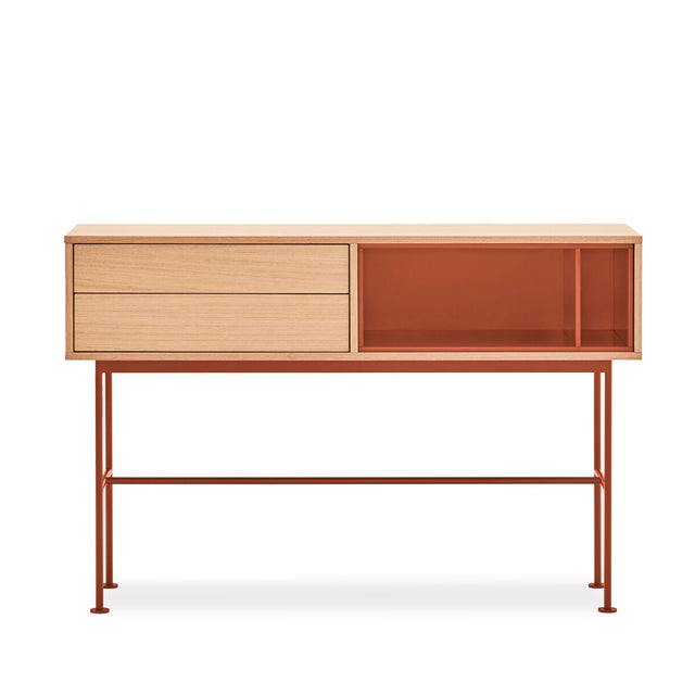 Mueble Consola Yoko 120 Roble con roble natural, acabado teja en ambiente de estilo nórdico