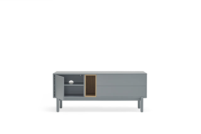Mueble TV Corvo 140 Gris Perla con acabado gris en ambiente de estilo nórdico