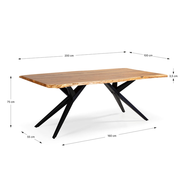 Mesa de comedor rectangular Mudri 200 cm Acacia patas metálicas, detalle de la estructura