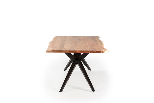 Mesa de comedor rectangular Mudri 200 cm Acacia patas metálicas, vista lateral izquierda desde otro ángulo