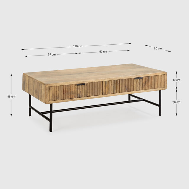 Mesa de centro Mundra 120 cm Madera de mango patas metálicas, detalle de la estructura