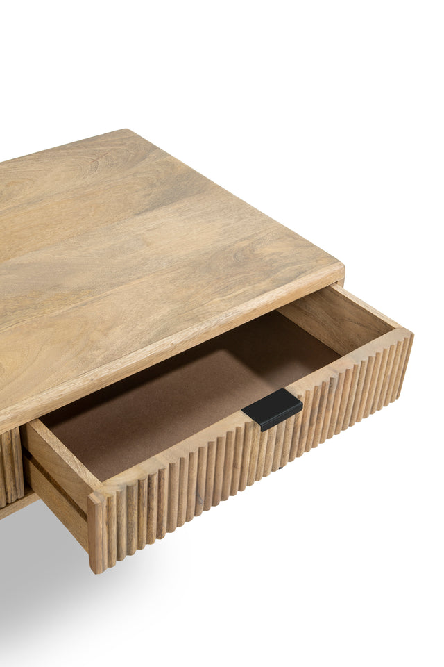 Mesa de centro Mundra 120 cm Madera de mango patas metálicas, vista lateral derecha desde otro ángulo