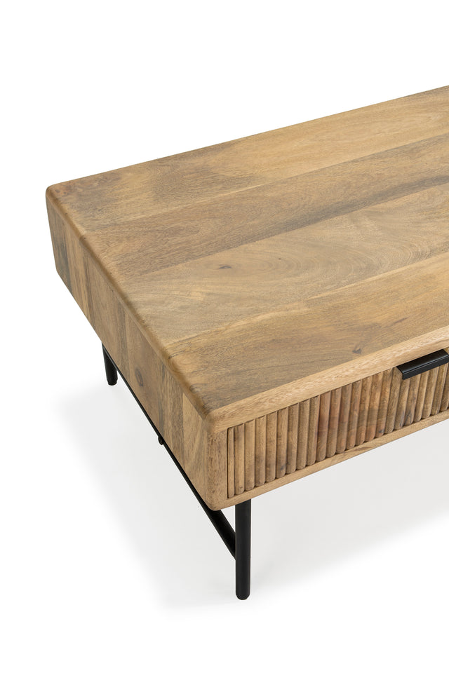 Mesa de centro Mundra 120 cm Madera de mango patas metálicas, vista lateral derecha