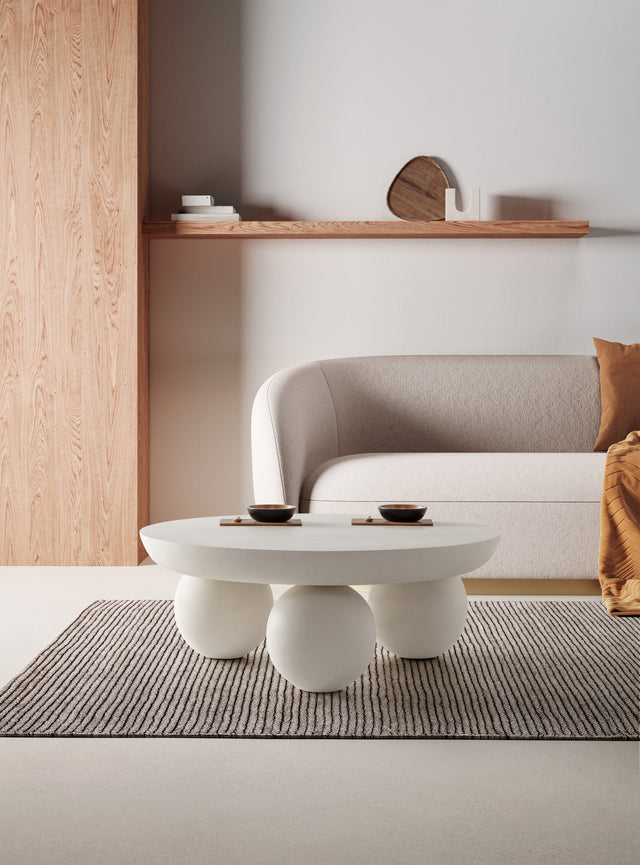 Mesa de centro redonda Ailen 90 cm Beige efecto cemento, en ambiente de salón