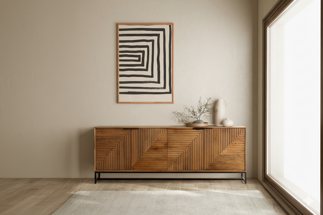 Aparador Nereida 210 cm Natural patas metálicas, en ambiente de salón