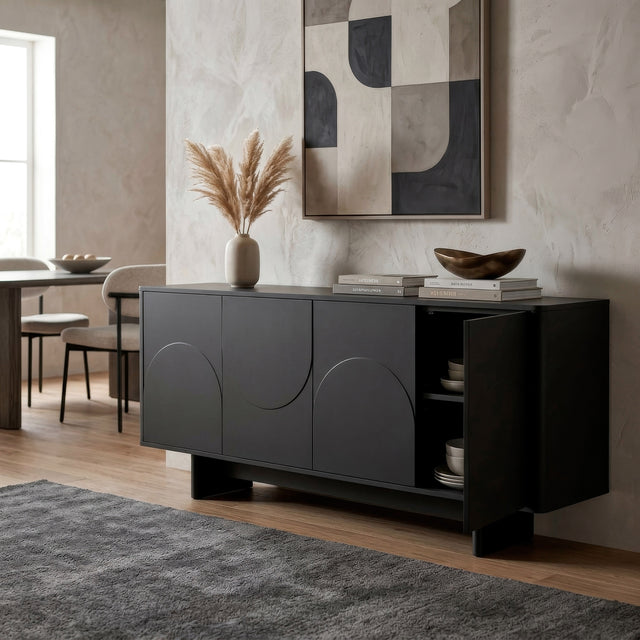 Aparador Solei 180 cm Negro, en ambiente de salón desde otro ángulo