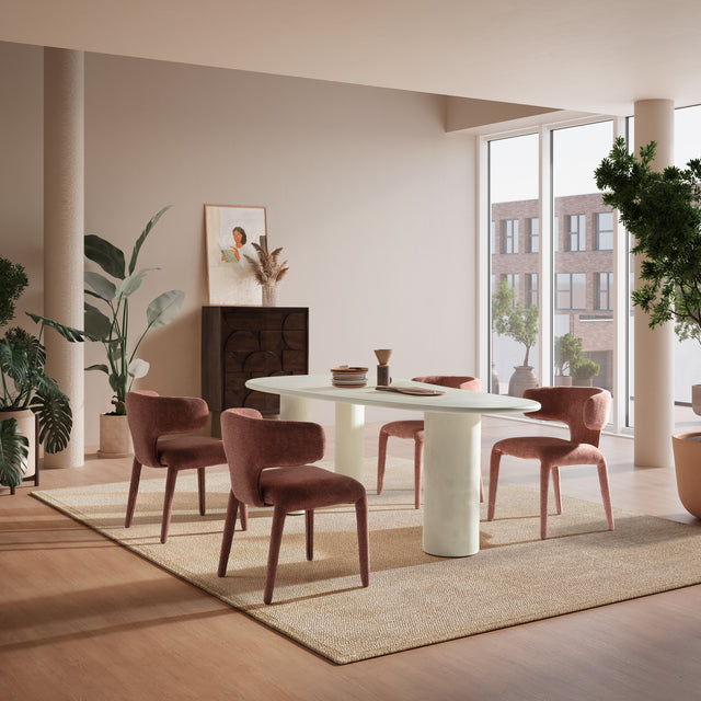 Mesa de comedor ovalada Daila 200 cm Crema efecto cemento, en ambiente de comedor