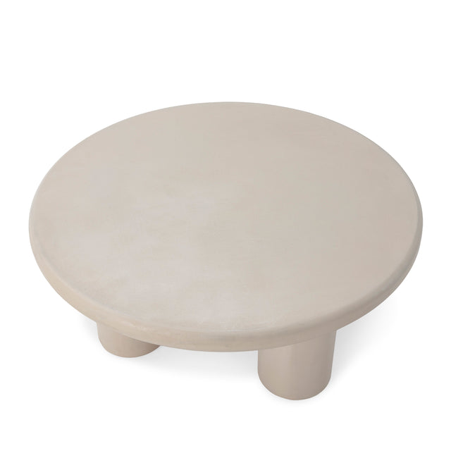 Mesa de centro redonda Iriel 80 cm Tres patas crema efecto cemento, vista lateral derecha