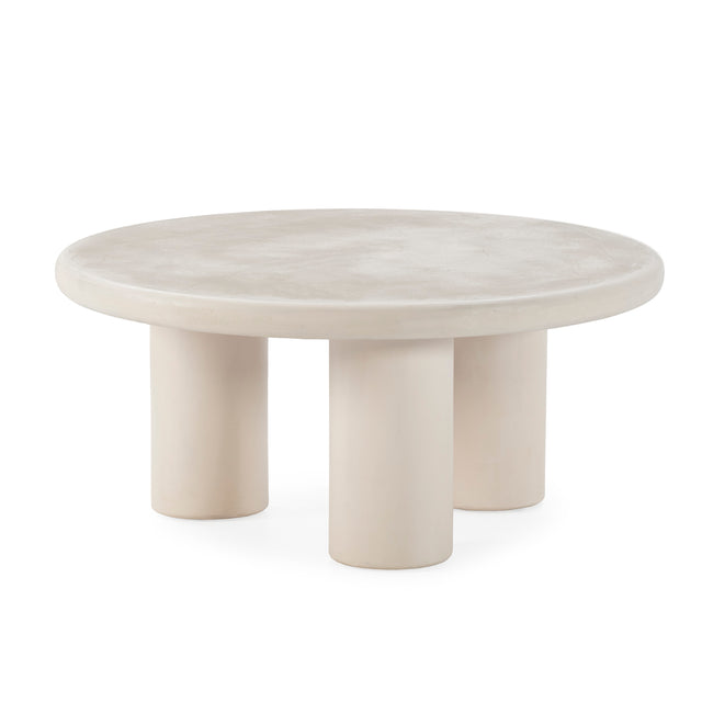 Mesa de centro redonda Iriel 80 cm Tres patas crema efecto cemento, vista lateral izquierda