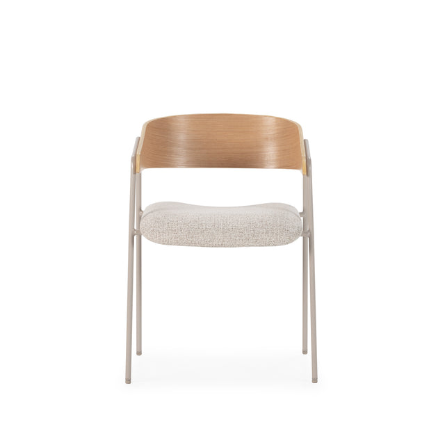 Silla de comedor Cora Beige y respaldo de roble y patas metálicas grises 2, vista frontal
