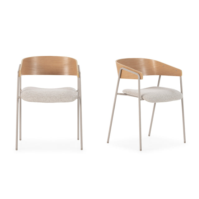 Silla de comedor Cora Beige y respaldo de roble y patas metálicas grises 2, detalle del diseño desde otro ángulo
