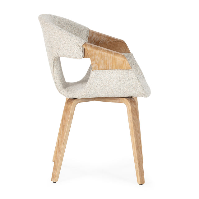 Silla de comedor Elif Beige y roble lavado, vista lateral izquierda desde otro ángulo