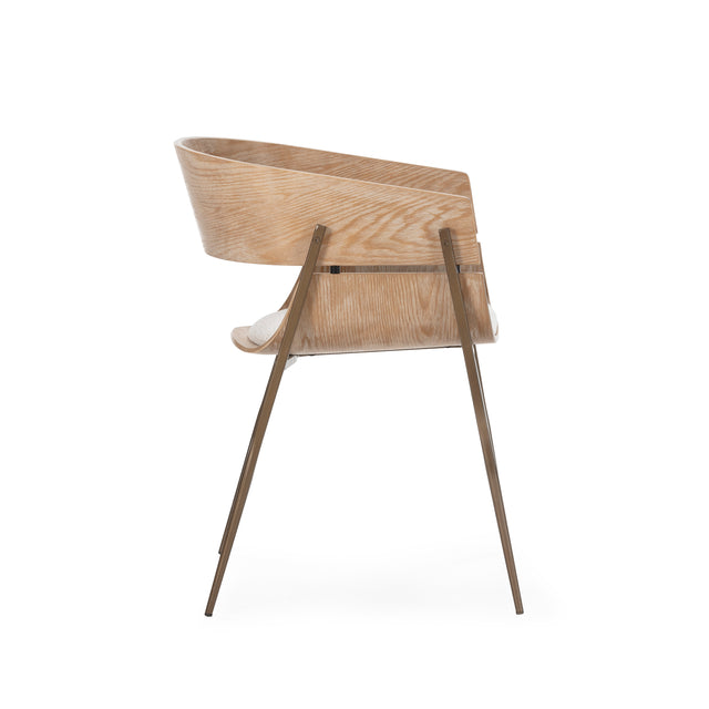 Silla de comedor Naia Beige y roble lavado y patas metálicas, vista lateral izquierda desde otro ángulo