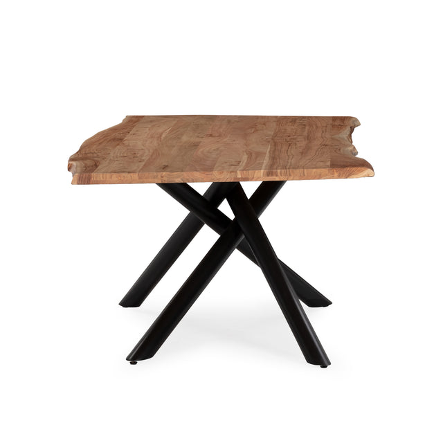 Mesa de comedor rectangular Anuri 220 cm Acacia patas metálicas, vista lateral izquierda desde otro ángulo