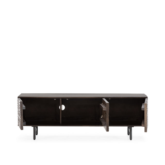 Mueble TV Kalai 145 cm Verde oliva patas metálicas, vista del interior abierto