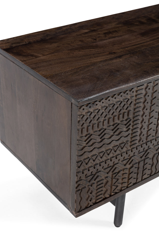 Mueble TV Kalai 145 cm Verde oliva patas metálicas, vista lateral derecha desde otro ángulo