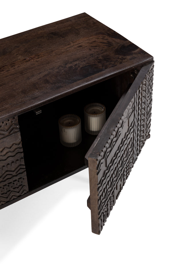 Mueble TV Kalai 145 cm Verde oliva patas metálicas, vista lateral derecha
