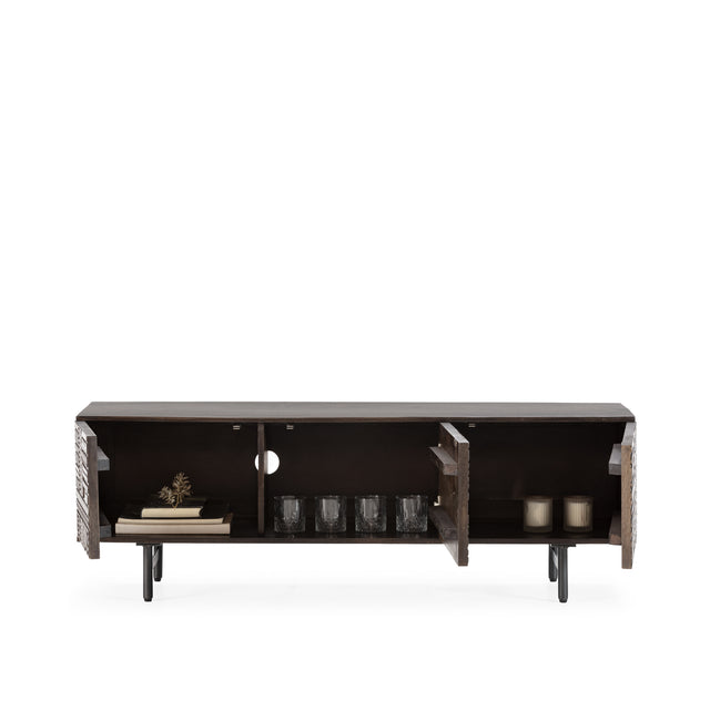 Mueble TV Kalai 145 cm Verde oliva patas metálicas, detalle funcional