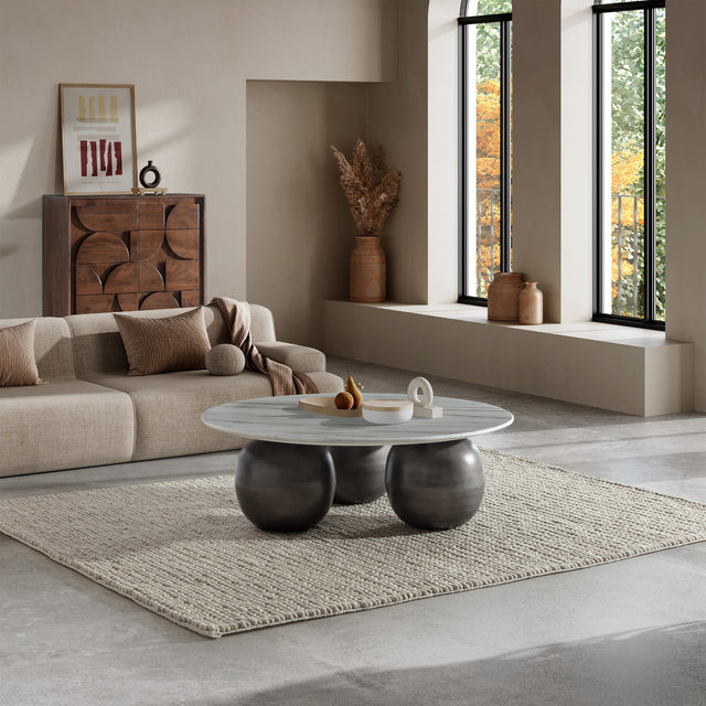 Mesa de centro redonda Tanya 120 cm Mármol blanco, en ambiente de salón