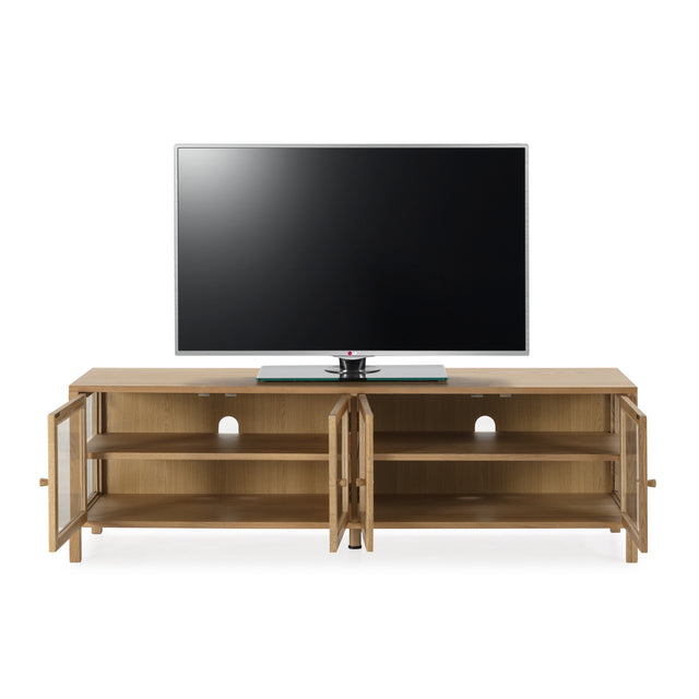 Mueble TV Ceci 160 cm Roble puertas de cristal, vista del interior abierto