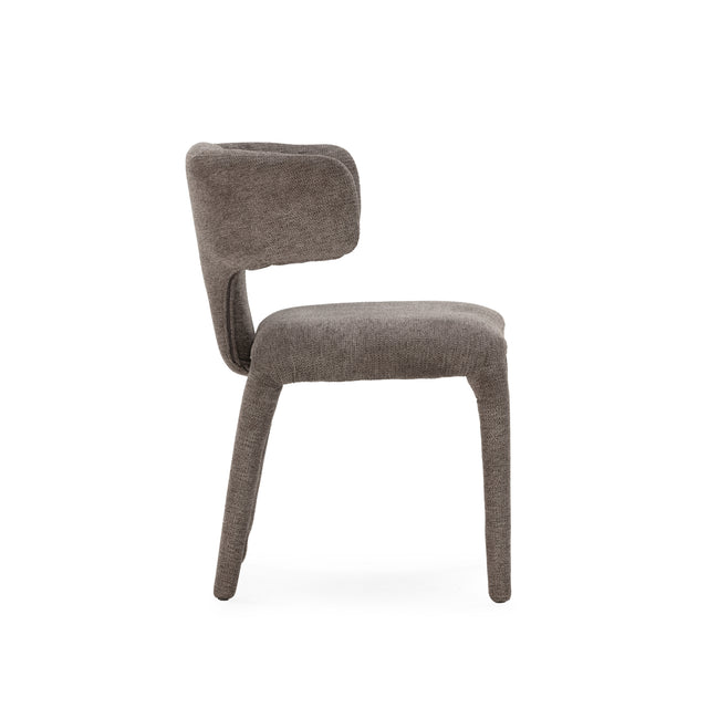 Silla de comedor Maca Gris oscuro y patas tapizadas, vista lateral izquierda desde otro ángulo