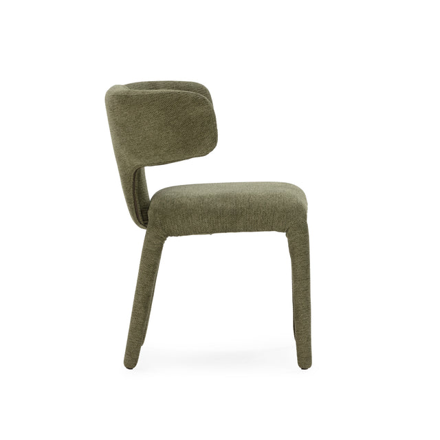 Silla de comedor Maca Verde y patas tapizadas, vista lateral izquierda desde otro ángulo