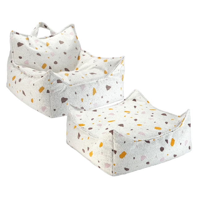 Silla Set Puf Infantil Silla + Cuadrado de Bouclé & Chenilla Terrazo Blanco Crema con acabado blanco, acabado crema vista principal de estil