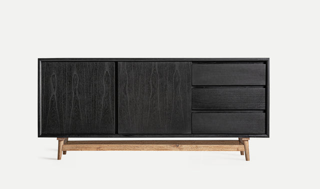 Vista frontal Aparador Thiers 180 cm en madera de mindi color negro y patas de madera contrachapada Kodu Homedesign Slowdeco