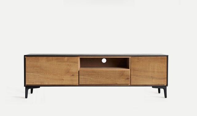 Vista frontal Mueble TV Brussa 146 cm Marrón y patas metálicas negras Kodu Homedesign Slowdeco