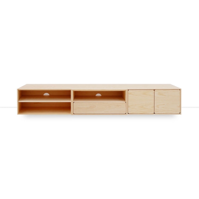 Vista frontal mueble de TV 240 cm Penxat Natural Personalizado 2 Puertas 2 Baldas 1 cajón apoyado suelo niveladores Slowdeco