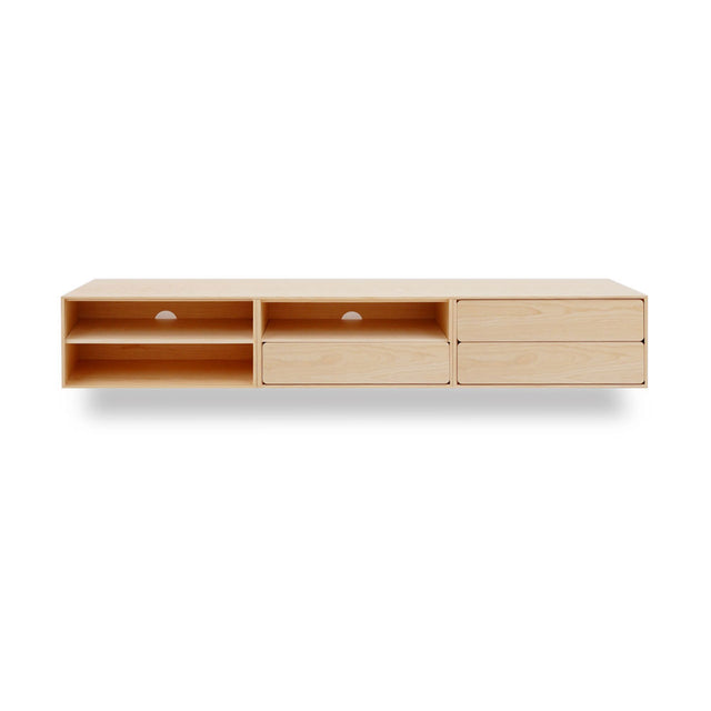 Vista frontal mueble de TV 240 cm Penxat Natural Personalizado 2 Puertas 2 Baldas 1 cajón colgado pared Slowdeco